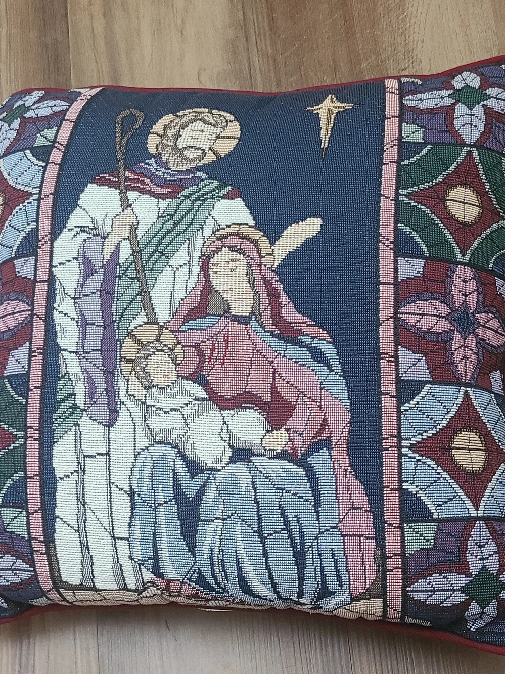 Decorative Vintage Nativity Tapestry Pillow - Red, Blue, Cream